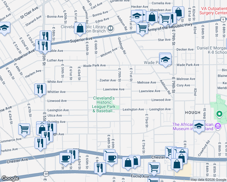 map of restaurants, bars, coffee shops, grocery stores, and more near 6911 Linwood Avenue in Cleveland