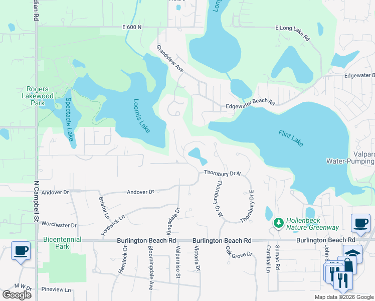 map of restaurants, bars, coffee shops, grocery stores, and more near 704-744 Brandonbury Road in Valparaiso