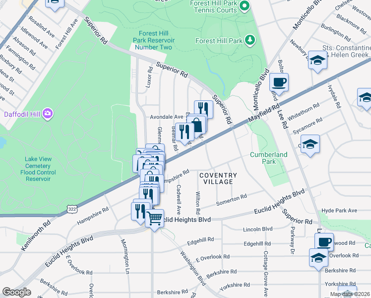 map of restaurants, bars, coffee shops, grocery stores, and more near in Cleveland Heights