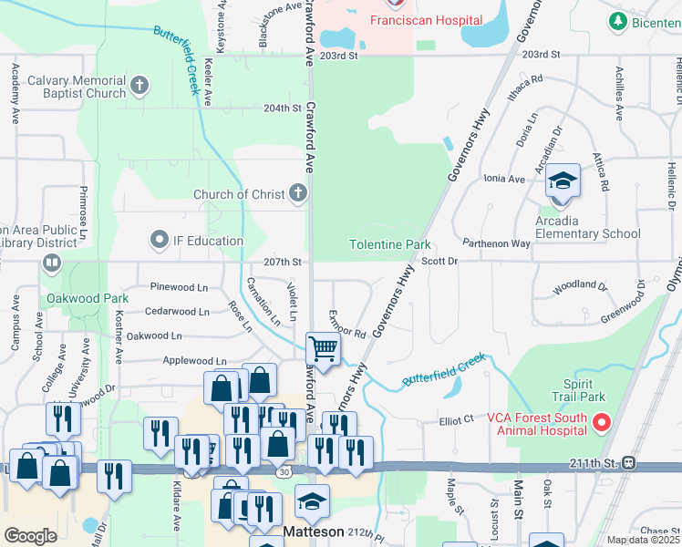 map of restaurants, bars, coffee shops, grocery stores, and more near 743 Cumnock Road in Olympia Fields