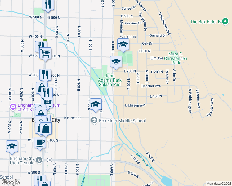 map of restaurants, bars, coffee shops, grocery stores, and more near 611 East 100 North in Brigham City