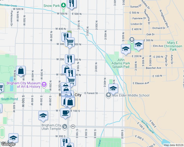 map of restaurants, bars, coffee shops, grocery stores, and more near 225 East 100 North in Brigham City