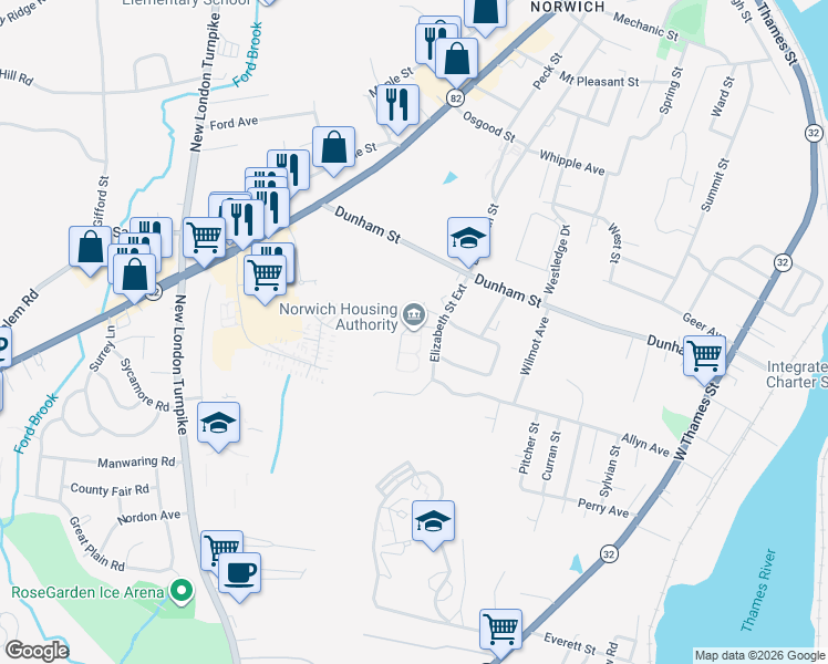 map of restaurants, bars, coffee shops, grocery stores, and more near 10 Westwood Park in Norwich