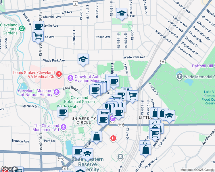 map of restaurants, bars, coffee shops, grocery stores, and more near 11451 Juniper Road in Cleveland
