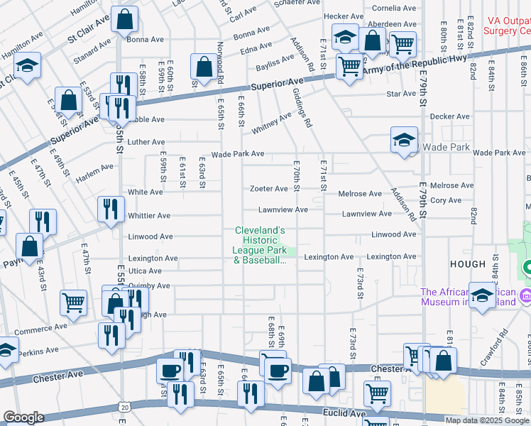 map of restaurants, bars, coffee shops, grocery stores, and more near 6703 Linwood Avenue in Cleveland