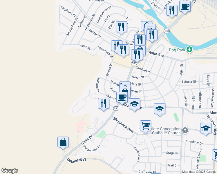 map of restaurants, bars, coffee shops, grocery stores, and more near 155 Keith Drive in Green River