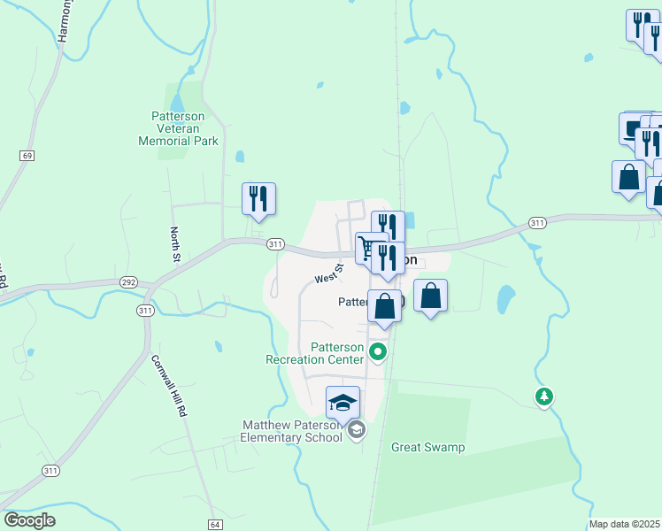 map of restaurants, bars, coffee shops, grocery stores, and more near 86 West Street in Patterson