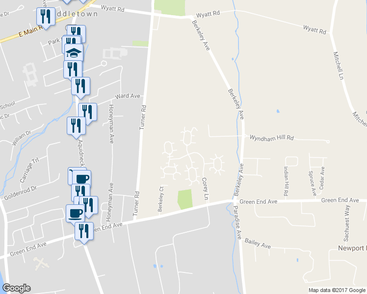 map of restaurants, bars, coffee shops, grocery stores, and more near 202 Corey Lane in Middletown