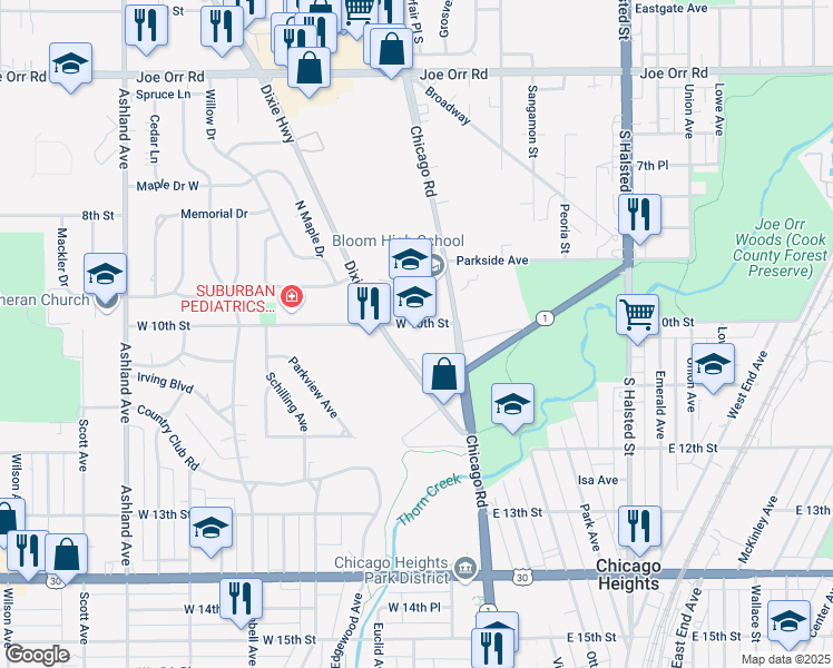 map of restaurants, bars, coffee shops, grocery stores, and more near 100 West 10th Street in Chicago Heights