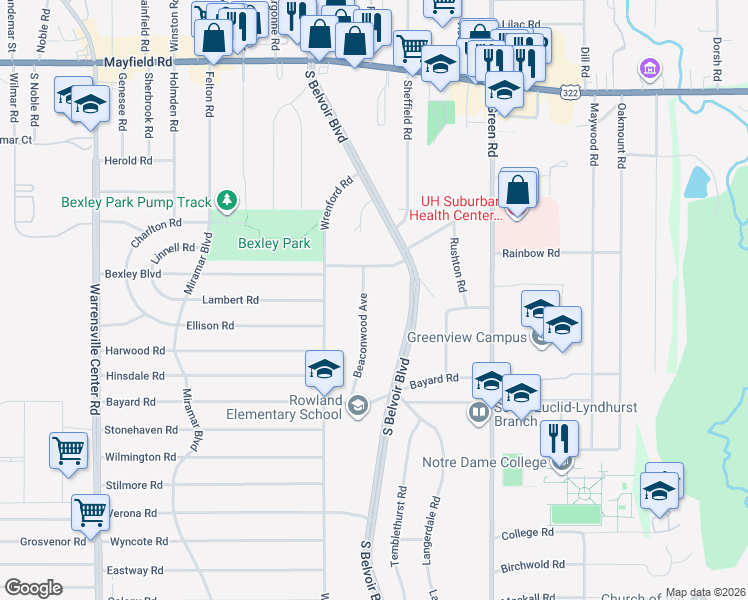 map of restaurants, bars, coffee shops, grocery stores, and more near 1735 Beaconwood Avenue in South Euclid