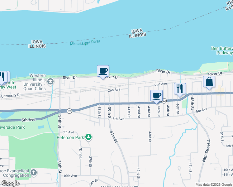 map of restaurants, bars, coffee shops, grocery stores, and more near 235 40th Street in Moline