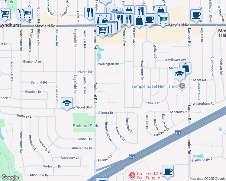 map of restaurants, bars, coffee shops, grocery stores, and more near 5706 Faraday Road in Lyndhurst