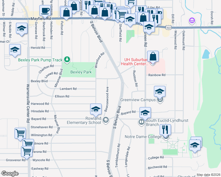 map of restaurants, bars, coffee shops, grocery stores, and more near 1735 Beaconwood Avenue in South Euclid