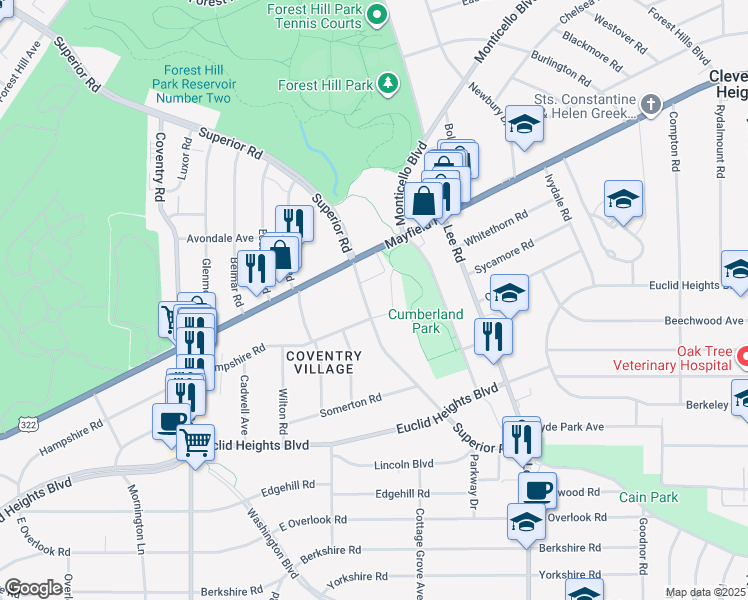 map of restaurants, bars, coffee shops, grocery stores, and more near 14287 Superior Road in Cleveland Heights