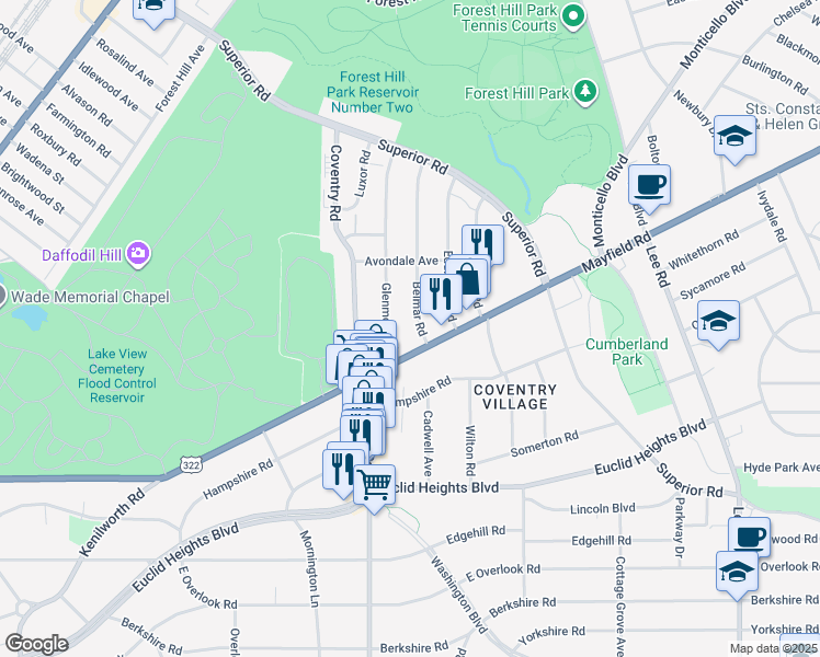 map of restaurants, bars, coffee shops, grocery stores, and more near 1722 Glenmont Road in Cleveland Heights