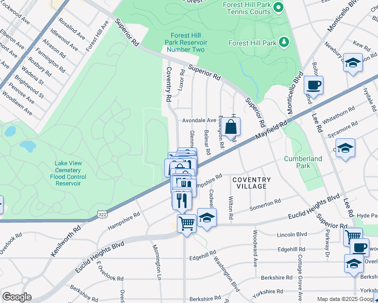 map of restaurants, bars, coffee shops, grocery stores, and more near 1722 Glenmont Road in Cleveland Heights