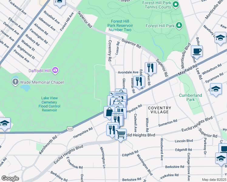 map of restaurants, bars, coffee shops, grocery stores, and more near 1724 Coventry Road in Cleveland Heights