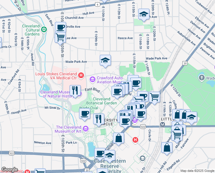 map of restaurants, bars, coffee shops, grocery stores, and more near 1639-1579 Hazel Drive in Cleveland