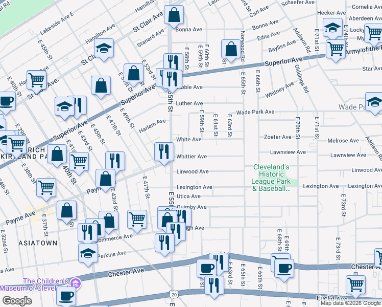 map of restaurants, bars, coffee shops, grocery stores, and more near 5714 Whittier Avenue in Cleveland