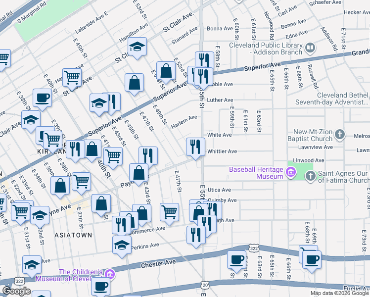 map of restaurants, bars, coffee shops, grocery stores, and more near 4717 Payne Avenue in Cleveland