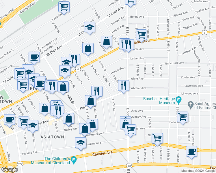 map of restaurants, bars, coffee shops, grocery stores, and more near 1616 East 47th Street in Cleveland