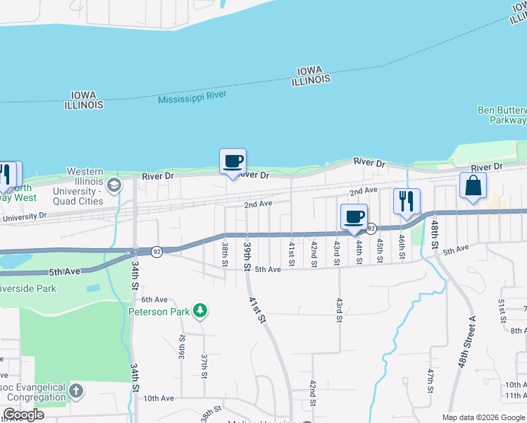 map of restaurants, bars, coffee shops, grocery stores, and more near 235 40th Street in Moline
