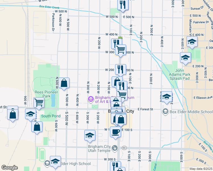 map of restaurants, bars, coffee shops, grocery stores, and more near 106 West 100 North in Brigham City