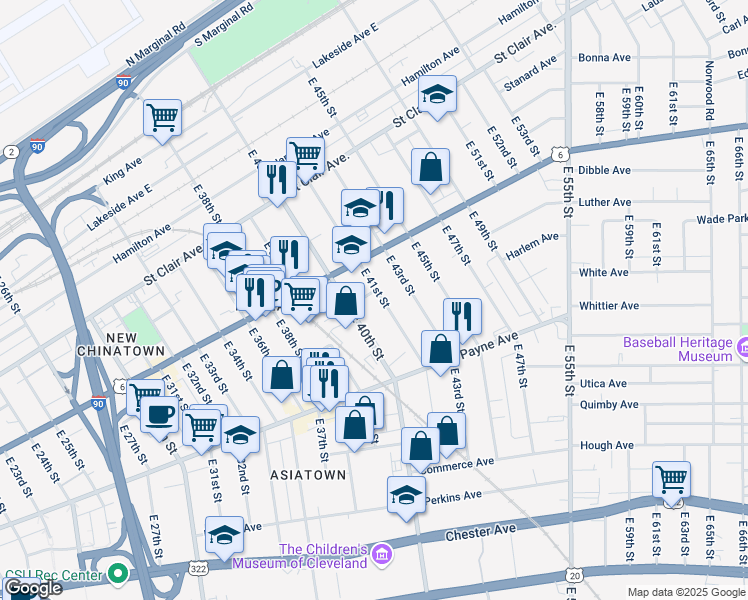 map of restaurants, bars, coffee shops, grocery stores, and more near 1568 East 41st Street in Cleveland