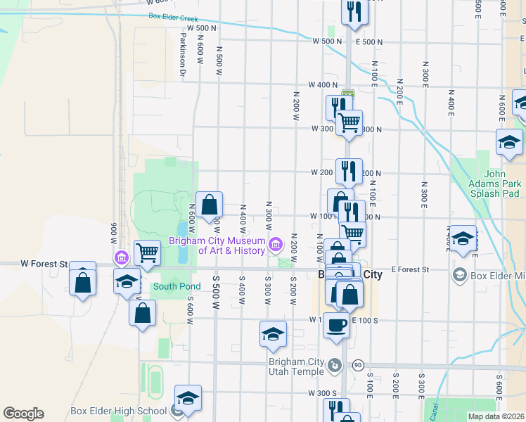 map of restaurants, bars, coffee shops, grocery stores, and more near 105 North 300 West in Brigham City