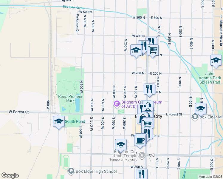 map of restaurants, bars, coffee shops, grocery stores, and more near 105 North 300 West in Brigham City
