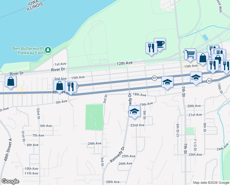 map of restaurants, bars, coffee shops, grocery stores, and more near 310 17th Avenue in East Moline
