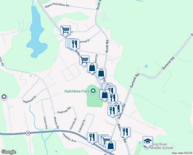 map of restaurants, bars, coffee shops, grocery stores, and more near Waterbury Road in Prospect