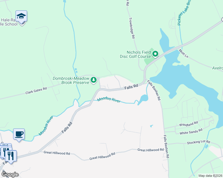 map of restaurants, bars, coffee shops, grocery stores, and more near 123 Falls Road in East Haddam