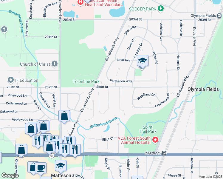map of restaurants, bars, coffee shops, grocery stores, and more near 10 Strauss Lane in Olympia Fields
