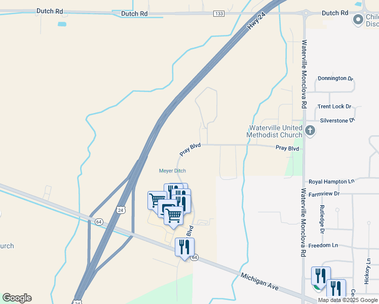 map of restaurants, bars, coffee shops, grocery stores, and more near 1470 Pray Boulevard in Waterville