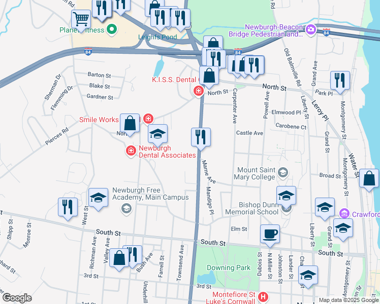 map of restaurants, bars, coffee shops, grocery stores, and more near 301 Robinson Avenue in Newburgh