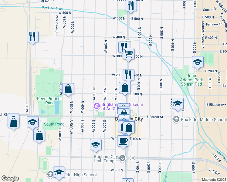 map of restaurants, bars, coffee shops, grocery stores, and more near 106 West 100 North in Brigham City