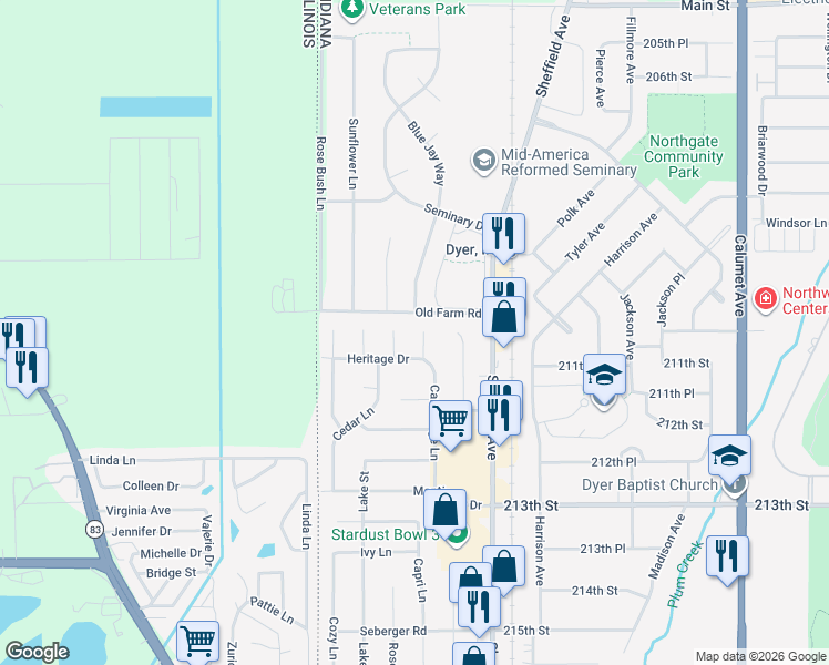 map of restaurants, bars, coffee shops, grocery stores, and more near 133 Heritage Dr in Dyer
