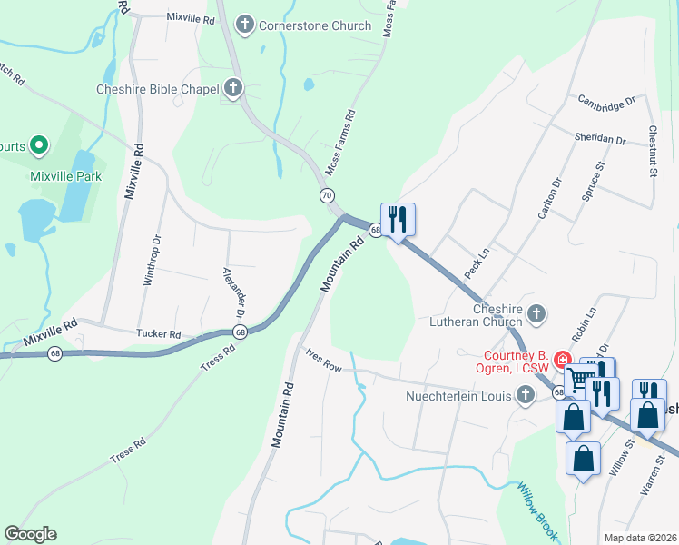 map of restaurants, bars, coffee shops, grocery stores, and more near 56 Mountain Road in Cheshire
