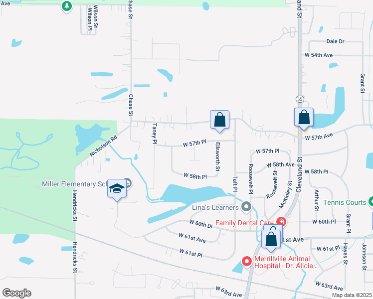 map of restaurants, bars, coffee shops, grocery stores, and more near 2645 West 57th Place in Merrillville