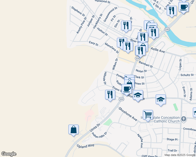 map of restaurants, bars, coffee shops, grocery stores, and more near 700 Boulder Drive in Green River