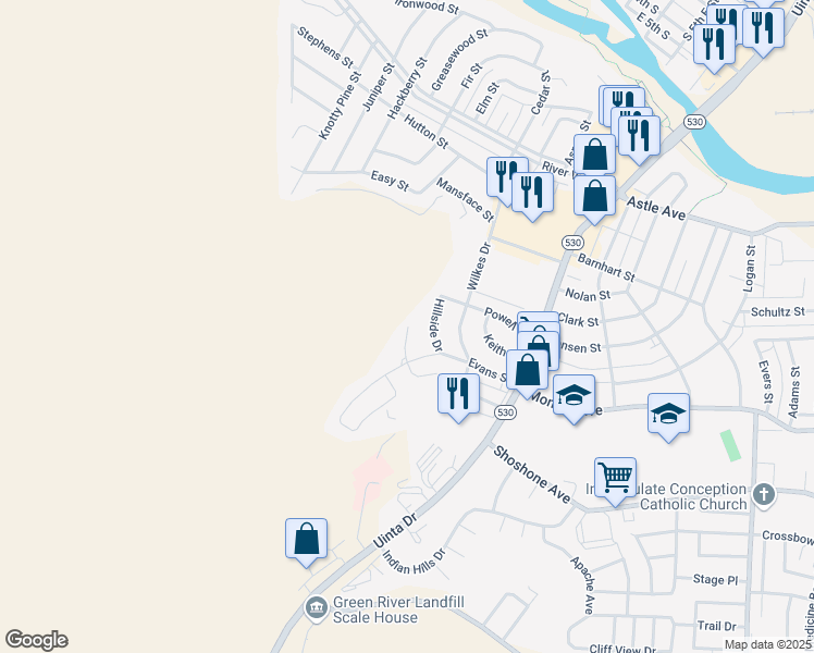 map of restaurants, bars, coffee shops, grocery stores, and more near 700 Boulder Drive in Green River