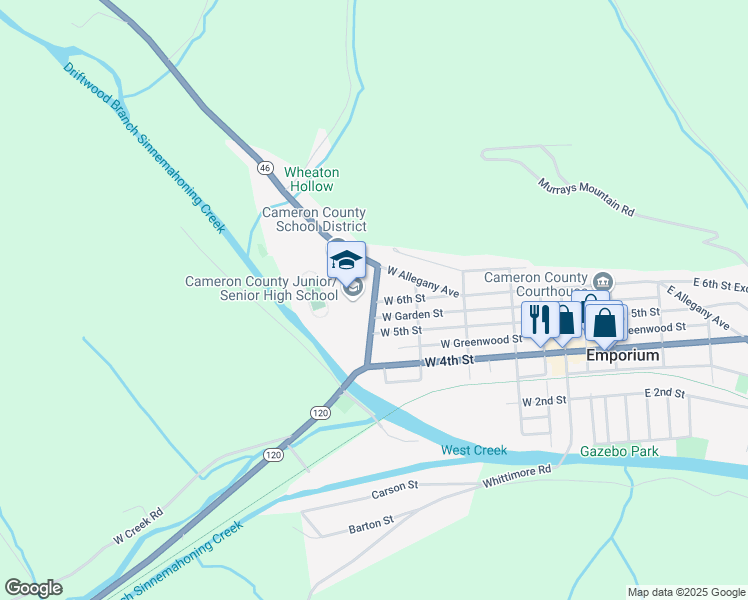 map of restaurants, bars, coffee shops, grocery stores, and more near 601 Woodland Avenue in Emporium