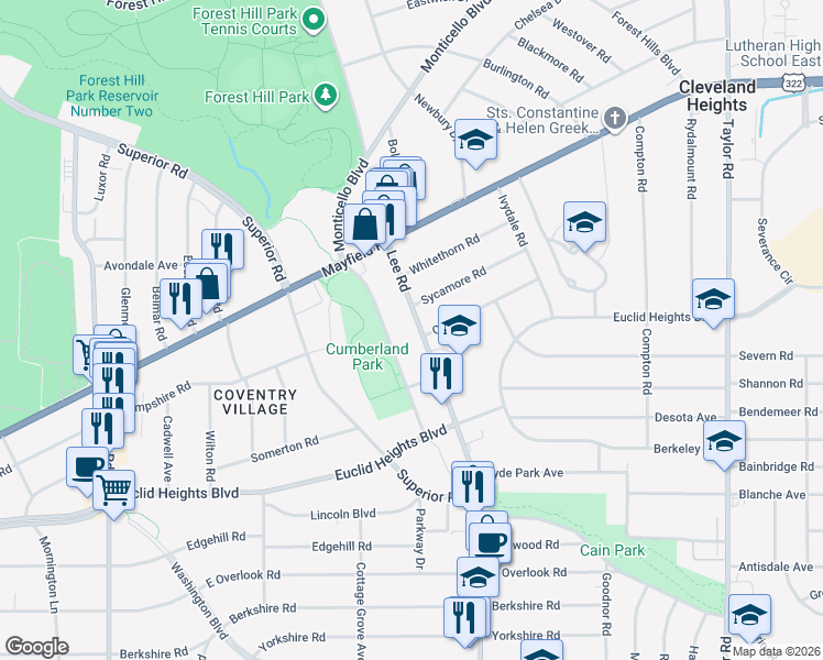 map of restaurants, bars, coffee shops, grocery stores, and more near 1717 Cumberland Road in Cleveland Heights