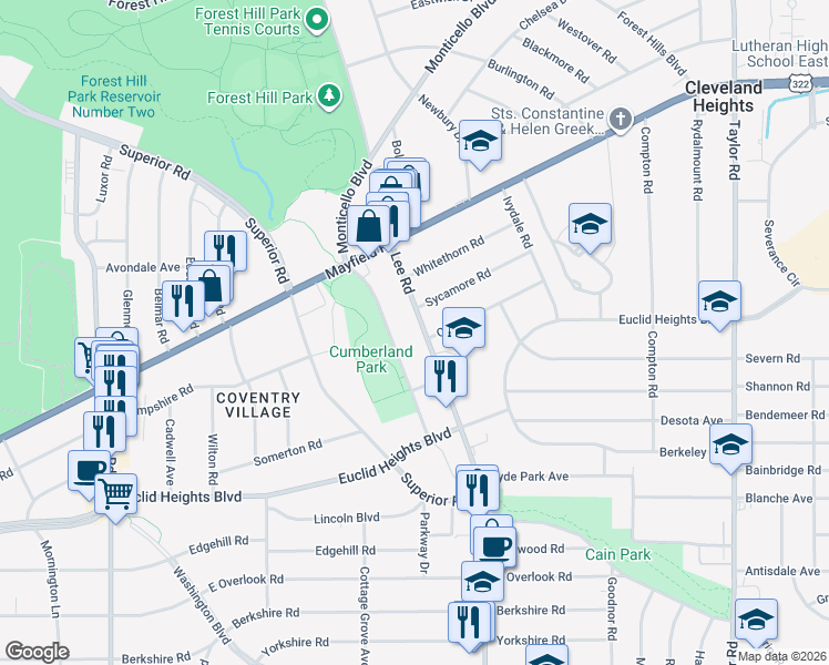 map of restaurants, bars, coffee shops, grocery stores, and more near 1717 Cumberland Road in Cleveland Heights