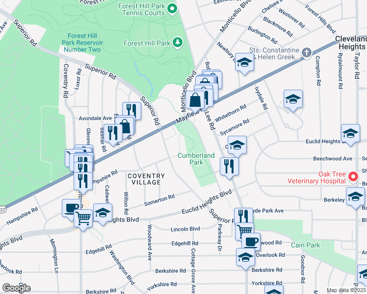 map of restaurants, bars, coffee shops, grocery stores, and more near 14287 Superior Road in Cleveland Heights