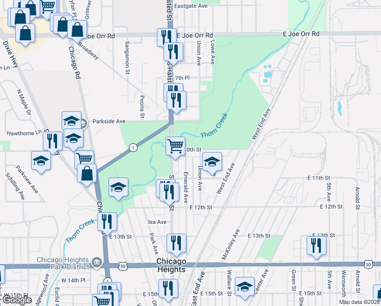 map of restaurants, bars, coffee shops, grocery stores, and more near 1020 Emerald Avenue in Chicago Heights