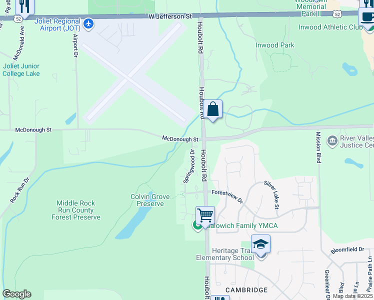 map of restaurants, bars, coffee shops, grocery stores, and more near 505 Springwood Drive in Joliet