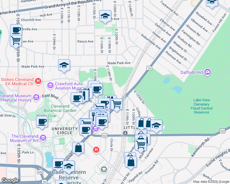 map of restaurants, bars, coffee shops, grocery stores, and more near 1643 East 118th Street in Cleveland