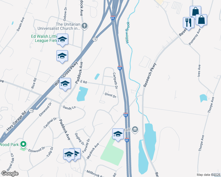 map of restaurants, bars, coffee shops, grocery stores, and more near 15 Divot Drive in Meriden